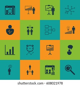 Set Of 16 Management Icons. Includes Planning, Bar Chart, Reminder And Other Symbols. Beautiful Design Elements.