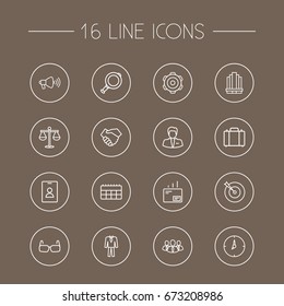 Set Of 16 Management Outline Icons Set.Collection Of Portfolio, Clock, Scales And Other Elements.