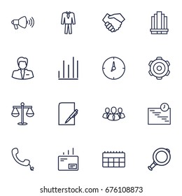 Set Of 16 Management Outline Icons Set.Collection Of Handshake, Gear, Loudspeaker Elements.
