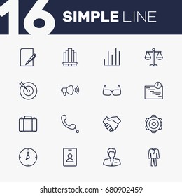Set Of 16 Management Outline Icons Set.Collection Of Clock, Loudspeaker, Badge And Other Elements.