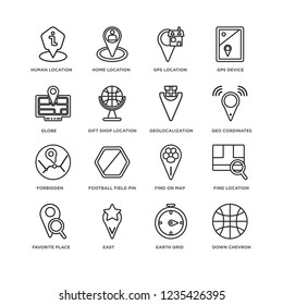 Set Of 16 map and location line icons such as Down chevron, Earth grid, Human Location, Favorite Place, Find On Map, GPS editable stroke icon pack, pixel perfect