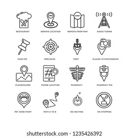 Set Of 16 map and location linear icons such as No stopping, waiting, Path A to B, Pet Zone Point, Pharmacy Pin, Restaurant, Push pin, Placeholder, Port, editable stroke icon pack, pixel perfect
