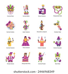 Set of 16 Mardi Gras Flat Icons 

