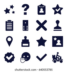 set of 16 mark filled icons such as stamp, bye emot, courier on motorcycle, cross, star, favorite photo, tick, domino, question, check list, clipboard