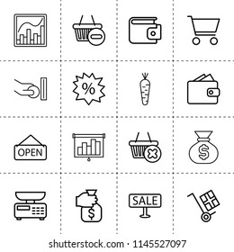 Set of 16 market outline icons such as holding money sack, wallet, chart, money sack, graph chart, atm and hand with coin, kitchen scale, sale, open, shopping basket