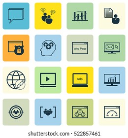 Set Of 16 Marketing Icons. Can Be Used For Web, Mobile, UI And Infographic Design. Includes Elements Such As SEO, Security, Client And More.