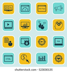 Set Of 16 Marketing Icons. Can Be Used For Web, Mobile, UI And Infographic Design. Includes Elements Such As Businessman, Target, Creativity And More.