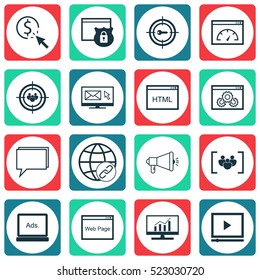Set Of 16 Marketing Icons. Can Be Used For Web, Mobile, UI And Infographic Design. Includes Elements Such As Code, Optimization, Per And More.