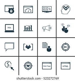 Set Of 16 Marketing Icons. Can Be Used For Web, Mobile, UI And Infographic Design. Includes Elements Such As Click, Page, Audience And More. Set Of 16 Marketing Icons. Can Be Used For Web, Mobile, UI And Infographic Design. Includes Elements Such As Click, Page, Audience And More.