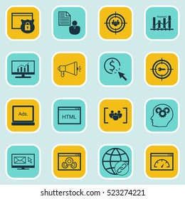 Set Of 16 Marketing Icons. Can Be Used For Web, Mobile, UI And Infographic Design. Includes Elements Such As Focus, Optimization, Matching And More.