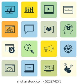 Set Of 16 Marketing Icons. Can Be Used For Web, Mobile, UI And Infographic Design. Includes Elements Such As Click, Online, Brain And More.