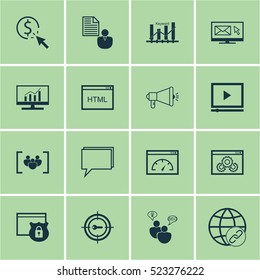 Set Of 16 Marketing Icons. Can Be Used For Web, Mobile, UI And Infographic Design. Includes Elements Such As Security, Pay, Link And More.