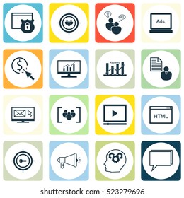 Set Of 16 Marketing Icons. Can Be Used For Web, Mobile, UI And Infographic Design. Includes Elements Such As Protected, Dynamics, Brief And More.