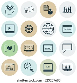 Set Of 16 Marketing Icons. Can Be Used For Web, Mobile, UI And Infographic Design. Includes Elements Such As HTML, Client, Target And More.