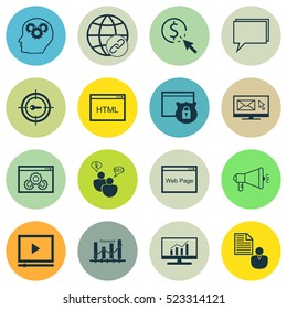 Set Of 16 Marketing Icons. Can Be Used For Web, Mobile, UI And Infographic Design. Includes Elements Such As Brief, Plan, Video And More.