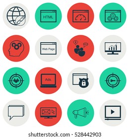 Set Of 16 Marketing Icons. Can Be Used For Web, Mobile, UI And Infographic Design. Includes Elements Such As Loading Speed, Newsletter, Digital Media And More.