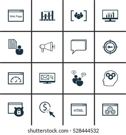 Set Of 16 Marketing Icons. Can Be Used For Web, Mobile, UI And Infographic Design. Includes Elements Such As PPC, Intellectual Process, Website And More.