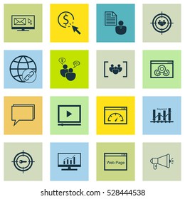 Set Of 16 Marketing Icons. Can Be Used For Web, Mobile, UI And Infographic Design. Includes Elements Such As Loading Speed, PPC, Connectivity And More.