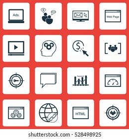 Set Of 16 Marketing Icons. Can Be Used For Web, Mobile, UI And Infographic Design. Includes Elements Such As Keyword Optimisation, Website, Keyword Marketing And More.