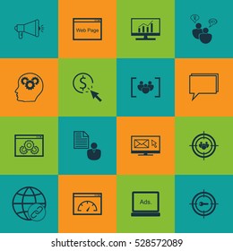 Set Of 16 Marketing Icons. Can Be Used For Web, Mobile, UI And Infographic Design. Includes Elements Such As Market Research, Keyword Marketing, Loading Speed And More.