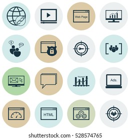 Set Of 16 Marketing Icons. Can Be Used For Web, Mobile, UI And Infographic Design. Includes Elements Such As Coding, Keyword Optimisation, Market Research And More.