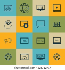 Set Of 16 Marketing Icons. Can Be Used For Web, Mobile, UI And Infographic Design. Includes Elements Such As Coding, Newsletter, Market Research And More.