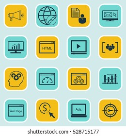 Set Of 16 Marketing Icons. Can Be Used For Web, Mobile, UI And Infographic Design. Includes Elements Such As Loading Speed, Intellectual Process, Digital Media And More.