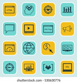 Set Of 16 Marketing Icons. Can Be Used For Web, Mobile, UI And Infographic Design. Includes Elements Such As Keyword Optimisation, Focus Group, Digital Media And More.