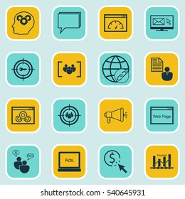 Set Of 16 Marketing Icons. Includes Newsletter, Search Optimization, Keyword Marketing And Other Symbols. Beautiful Design Elements.