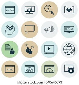 Set Of 16 Marketing Icons. Includes Market Research, Newsletter, Website And Other Symbols. Beautiful Design Elements.