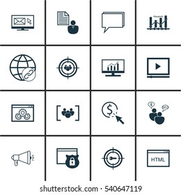 Set Of 16 Marketing Icons. Includes Connectivity, Conference, Security And Other Symbols. Beautiful Design Elements.