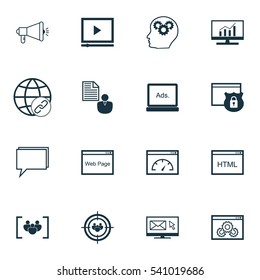 Set Of 16 Marketing Icons. Includes Coding, Market Research, Report And Other Symbols. Beautiful Design Elements.