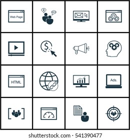 Set Of 16 Marketing Icons. Includes Intellectual Process, Connectivity, Search Optimization And Other Symbols. Beautiful Design Elements.