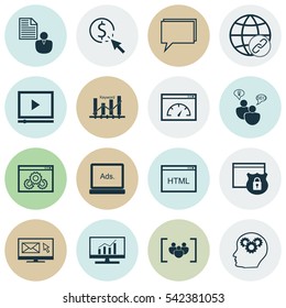 Set Of 16 Marketing Icons. Includes PPC, Conference, Security And Other Symbols. Beautiful Design Elements.