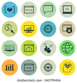 Set Of 16 Marketing Icons. Includes Keyword Optimisation, Loading Speed, Coding And Other Symbols. Beautiful Design Elements.