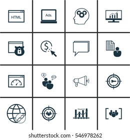 Set Of 16 Marketing Icons. Includes Digital Media, Intellectual Process, Report And Other Symbols. Beautiful Design Elements.