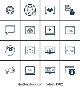 Set Of 16 Marketing Icons. Includes Market Research, Media Campaign, Keyword Marketing And Other Symbols. Beautiful Design Elements.