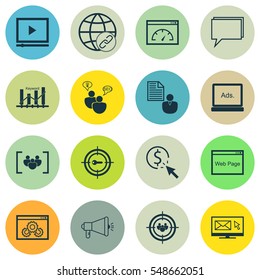 Set Of 16 Marketing Icons. Includes Questionnaire, Digital Media, Loading Speed And Other Symbols. Beautiful Design Elements.