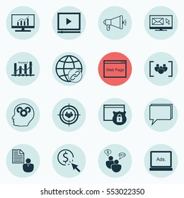 Set Of 16 Marketing Icons. Includes Intellectual Process, Report, Website And Other Symbols. Beautiful Design Elements.
