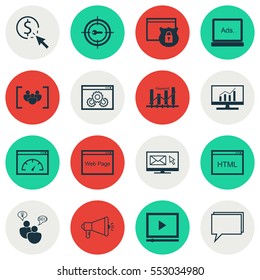Set Of 16 Marketing Icons. Includes Coding, Web Page Performance, Keyword Marketing And Other Symbols. Beautiful Design Elements.