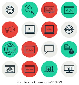 Set Of 16 Marketing Icons. Includes Media Campaign, Newsletter, Web Page Performance And Other Symbols. Beautiful Design Elements.