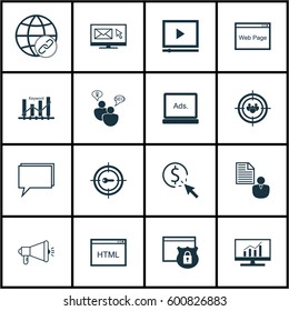 Set Of 16 Marketing Icons. Includes Report, Market Research, Digital Media And Other Symbols. Beautiful Design Elements.
