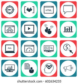 Set Of 16 Marketing Icons. Includes Search Optimization, Loading Speed, Coding And Other Symbols. Beautiful Design Elements.