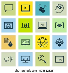 Set Of 16 Marketing Icons. Includes Market Research, Search Optimization, Media Campaign And Other Symbols. Beautiful Design Elements.
