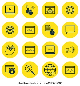 Set Of 16 Marketing Icons. Includes Intellectual Process, Video Player, Security And Other Symbols. Beautiful Design Elements.