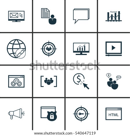 Set Of 16 Marketing Icons. Includes Connectivity, Conference, Security And Other Symbols. Beautiful Design Elements.