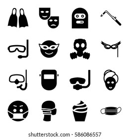 Set of 16 mask filled icons such as cream, blowtorch, thief emot, snorkel, flippers