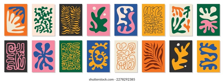 Set of 16 Matisse inspired wall art posters, brochure, flyer templates, contemporary collage. Organic line abstract pattern, hand drawn design, simple wallpaper. Dynamic shapes graphic vintage vector