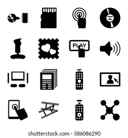 Set of 16 media filled icons such as Finger pressing play button, photo with heart, volume, touchscreen, CD, disc, camera tape, camera display, remote control