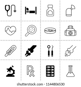 Set of 16 medical filled and outline icons such as stethoscope, microscope, medicine pills, dentist tools, bone, medicine bottle, bed, bacteria, heartbeat, thermometer